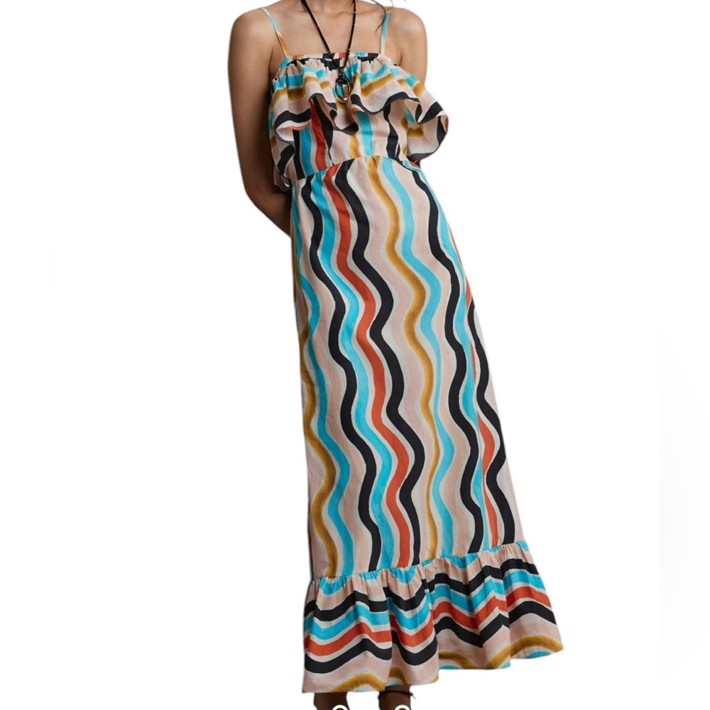 Anthropologie Farm Rio Beaks Bananas Wavy Stripe Ruffle Bodice Maxi Dress